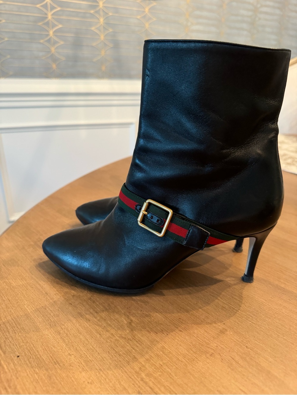 Gucci Black Leather Ankle Boots with Red-Green Accent